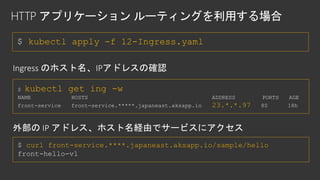$ kubectl apply -f 12-Ingress.yaml
$ kubectl get ing -w
NAME HOSTS ADDRESS PORTS AGE
front-service front-service.*****.japaneast.aksapp.io 23.*.*.97 80 18h
$ curl front-service.****.japaneast.aksapp.io/sample/hello
front-hello-v1
 