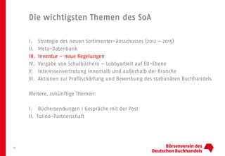 Die wichtigsten Themen des SoA
I. Strategie des neuen Sortimenter-Ausschusses (2012 – 2015)
II. Meta-Datenbank
III. Inventur – neue Regelungen
IV. Vergabe von Schulbüchern – Lobbyarbeit auf EU-Ebene
V. Interessenvertretung innerhalb und außerhalb der Branche
VI. Aktionen zur Profilschärfung und Bewerbung des stationären Buchhandels
Weitere, zukünftige Themen:
I. Büchersendungen / Gespräche mit der Post
II. Tolino-Partnerschaft
12
 