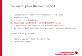 Die wichtigsten Themen des SoA
I. Strategie des neuen Sortimenter-Ausschusses (2012 – 2015)
II. Meta-Datenbank
III. Inventur – neue Regelungen
IV. Vergabe von Schulbüchern – Lobbyarbeit auf EU-Ebene
V. Interessenvertretung innerhalb und außerhalb der Branche
VI. Aktionen zur Profilschärfung und Bewerbung des stationären Buchhandels
Weitere, zukünftige Themen:
I. Büchersendungen / Gespräche mit der Post
II. Tolino-Partnerschaft
14
 