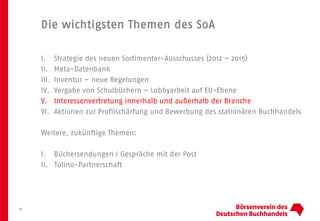 Die wichtigsten Themen des SoA
I. Strategie des neuen Sortimenter-Ausschusses (2012 – 2015)
II. Meta-Datenbank
III. Inventur – neue Regelungen
IV. Vergabe von Schulbüchern – Lobbyarbeit auf EU-Ebene
V. Interessenvertretung innerhalb und außerhalb der Branche
VI. Aktionen zur Profilschärfung und Bewerbung des stationären Buchhandels
Weitere, zukünftige Themen:
I. Büchersendungen / Gespräche mit der Post
II. Tolino-Partnerschaft
17
 