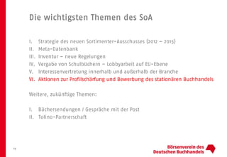 Die wichtigsten Themen des SoA
I. Strategie des neuen Sortimenter-Ausschusses (2012 – 2015)
II. Meta-Datenbank
III. Inventur – neue Regelungen
IV. Vergabe von Schulbüchern – Lobbyarbeit auf EU-Ebene
V. Interessenvertretung innerhalb und außerhalb der Branche
VI. Aktionen zur Profilschärfung und Bewerbung des stationären Buchhandels
Weitere, zukünftige Themen:
I. Büchersendungen / Gespräche mit der Post
II. Tolino-Partnerschaft
19
 