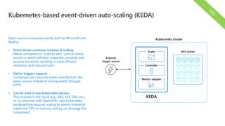 Open-source component jointly built by Microsoft and
RedHat
• Event-driven container creation & scaling
Allows containers to “scale to zero” until an event
comes in, which will then create the container and
process the event, resulting in more efficient
utilization and reduced costs
• Native triggers support
Containers can consume events directly from the
event source, instead of routing events through
HTTP
• Can be used in any Kubernetes service
This includes in the cloud (e.g., AKS, EKS, GKE, etc.)
or on-premises with OpenShift—any Kubernetes
workload that requires scaling by events instead of
traditional CPU or memory scaling can leverage this
component.
Kubernetes-based event-driven auto-scaling (KEDA)
Kubernetes cluster
External
trigger source
KEDA
AKS clusterScaler
Controller
Metrics adapter
 