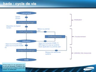 bada : cycle de vie

                                 Lancement
                      Splash
                      Screen
                                                                                       Initialisation
                           OnAppInitializing()
      Disparition du Splash
      Screen
                                                 Retour au premier
                                                 plan
                             OnForeground()

                                                                OnBackground()          Fonctionnement


                                  Utilisation
   - Appui sur la touche END                     - Appui sur la touche HOME (*)
   - Appui sur la touche HOME                    - Affichage d’un pop-up système
   (*)                                           - Autre application au premier plan

                          OnAppTerminating()
                                                            Manque de ressources
                                                                                       Libération des ressources
                                                            système


                                     Arrêt

(*) Sous bada 2.0, les applications qui
ne sont pas déclarées ‘multitâche’ sont
automatiquement arrêtées quand elles
passent en arrière plan.
 