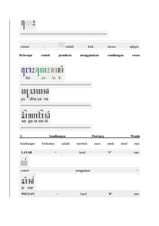 ================================================
catatan : adalah letak aksara nglegen
Beberapa contoh penulisan menggunakan sandhangan swara
=======================================
=======================================
=======================================
2. Sandhangan Panyigeg Wanda
Sandhangan berikutnya adalah merubah suara untuk huruf mati.
LAYAR = huruf "r" mati
contoh penggunaan =
WIGYAN = huruf "h" mati
 