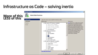 Infrastructure as Code – solving inertia
More of this
LESS of this
 