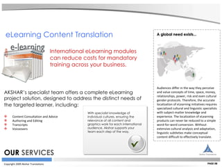 Copyright 2009 Akshar Translations PAGE 08 eLearning Content Translation International eLearning modules  can reduce costs for mandatory  training across your business. OUR  SERVICES AKSHAR’s specialist team offers a complete eLearning  project solution, designed to address the distinct needs of  the targeted learner, including:   Content Consultation and Advice Authoring and Editing Transcripts  Voiceovers  With specialist knowledge of  individual cultures, ensuring the  relevance of all content and  graphics work for each international  audience, Akshar supports your  team each step of the way.   A global need exists... Audiences differ in the way they perceive and value concepts of time, space, money, relationships, power, risk and even cultural gender protocols. Therefore, the accurate localization of eLearning initiatives requires specialized cultural and linguistic specialists with subject-matter knowledge and experience. The localization of eLearning products can never be reduced to a simple word-for-word conversion. Without extensive cultural analysis and adaptation, linguistic subtleties make conceptual content difficult to effectively translate.  
