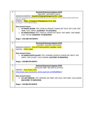 3 Electrical & Electronic Engineer (ETO)
(May 2011 – April 2012 (1 year))
MANNINGCOMPANY: Seaarland ShippingManagementB.V., India
14th Floor, Lotus BusinessPark Dalia Industrial Estate, Next to Fun Republic Theatre, NewLink Road, Andheri (W),
Mumbai - 400 053
OWNERS-: Motia - Compagnia Di Navigazione S.P.A.,Italy
via Vespucci, 1; 30174 Mestre Venezia
Ship contract history:
1. M.TANKER. BLOOM; TYPE: CHEM-OIL PRODUCT TANKER;GRT 24112; NRT 11118; DWT
38396; FLAG: LIBERIA. (31/05/2011 TO 12/12/2011)
2. M.TANKER.GRAZIA;TYPE: CHEM-OIL TANKER;GRT 30221T; NRT 14687T; DWT 50308T;
FLAG: ITALIAN. (19/02/2012 TO 06/04/2012)
Wages– USD 5200 PER MONTH.
4 Electrical & Electronic Engineer (ETO)
(July 2010 – April 2011 (10 months))
MANNINGCOMPANY: STAR SHIPMANAGEMENT, MUMBAI, INDIA
OWNERS-: PSMS, DUBAI
Ship contract history:
1. M.TANKER.PACIFICGALAXY;TYPE: AFRAMAX-CRUDEOILTANKER;GRT 59671T; NRT
33874T; DWT 111410T; FLAG: PANAMA. (14/7/2010 TO 03/04/2011)
Wages– USD 800 PER MONTH.
5 Electrical & Electronic Engineer (ETO)
(December 2009 – May 2010 (6 months))
OWNERS-: Essar, Gujrat, India
http://www.essar.com/section_level1.aspx?cont_id=CMIiy80JNpU=
Ship contract history:
1. M.V.EBT.DREDGER; TYPE: DREDGER; GRT 4382T; NRT 1314T; DWT 6148T; FLAG:INDIAN.
(06/12/2009 TO 04/05/2010)
Wages– USD 400 PER MONTH.
 