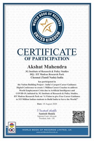 WORLD BOOK OF RECORDS, United Kingdom Certificate awarded to AKSHAT MAHENDRA