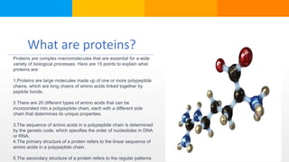 What are proteins?
Proteins are complex macromolecules that are essential for a wide
variety of biological processes. Here are 15 points to explain what
proteins are:
1.Proteins are large molecules made up of one or more polypeptide
chains, which are long chains of amino acids linked together by
peptide bonds.
2.There are 20 different types of amino acids that can be
incorporated into a polypeptide chain, each with a different side
chain that determines its unique properties.
3.The sequence of amino acids in a polypeptide chain is determined
by the genetic code, which specifies the order of nucleotides in DNA
or RNA.
4.The primary structure of a protein refers to the linear sequence of
amino acids in a polypeptide chain.
5.The secondary structure of a protein refers to the regular patterns
 