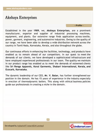 - Profile -

Established in the year 1989, we, Akshaya Enterprises, are a prominent
manufacturer, exporter and supplier of...