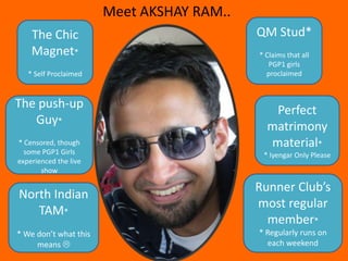 Meet AKSHAY RAM..
    The Chic                               QM Stud*
    Magnet*                                * Claims that all
                                              PGP1 girls
   * Self Proclaimed                         proclaimed



The push-up                                   Perfect
   Guy*                                      matrimony
* Censored, though                           material*
  some PGP1 Girls                           * Iyengar Only Please
experienced the live
       show

                                           Runner Club’s
North Indian
                                           most regular
   TAM*
                                             member*
* We don’t what this                       * Regularly runs on
     means                                  each weekend
 
