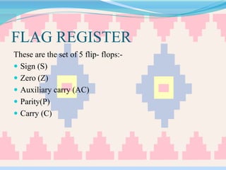 FLAG REGISTER
These are the set of 5 flip- flops:-
 Sign (S)
 Zero (Z)
 Auxiliary carry (AC)
 Parity(P)
 Carry (C)
 