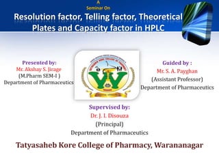 A
                              Seminar On

   Resolution factor, Telling factor, Theoretical
       Plates and Capacity factor in HPLC


      Presented by:                                      Guided by :
    Mr. Akshay S. Jirage                               Mr. S. A. Payghan
     (M.Pharm SEM-I )
                                                    (Assistant Professor)
Department of Pharmaceutics
                                                 Department of Pharmaceutics


                               Supervised by:
                               Dr. J. I. Disouza
                                 (Principal)
                         Department of Pharmaceutics

    Tatyasaheb Kore College of Pharmacy, Warananagar
 