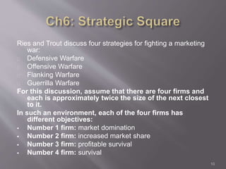 Ries and Trout discuss four strategies for fighting a marketing 
war: 
Defensive Warfare 
Offensive Warfare 
Flanking Warfare 
Guerrilla Warfare 
For this discussion, assume that there are four firms and 
each is approximately twice the size of the next closest 
to it. 
In such an environment, each of the four firms has 
different objectives: 
 Number 1 firm: market domination 
 Number 2 firm: increased market share 
 Number 3 firm: profitable survival 
 Number 4 firm: survival 
10 
 