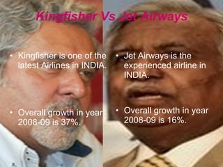 Kingfisher Vs Jet Airways Kingfisher is one of the latest Airlines in INDIA. Overall growth in year 2008-09 is 37%. Jet Airways is the experienced airline in INDIA. Overall growth in year 2008-09 is 16%. 