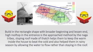 Build in the rectangle shape with broader beginning and lessen end,
high rooftop in the entrance is the approached method by the naga
tribes, sloping roof made of thatch helps them to keep the warm
inside the house to beat the cold and also helped them in rainy
season by allowing the water to flow rather than staying in the roof.
 
