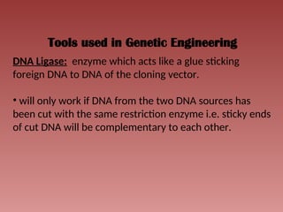 Tools used in Genetic Engineering
DNA Ligase: enzyme which acts like a glue sticking
foreign DNA to DNA of the cloning vector.
• will only work if DNA from the two DNA sources has
been cut with the same restriction enzyme i.e. sticky ends
of cut DNA will be complementary to each other.
 