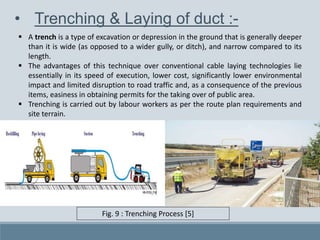 • Trenching & Laying of duct :-
 A trench is a type of excavation or depression in the ground that is generally deeper
than it is wide (as opposed to a wider gully, or ditch), and narrow compared to its
length.
 The advantages of this technique over conventional cable laying technologies lie
essentially in its speed of execution, lower cost, significantly lower environmental
impact and limited disruption to road traffic and, as a consequence of the previous
items, easiness in obtaining permits for the taking over of public area.
 Trenching is carried out by labour workers as per the route plan requirements and
site terrain.
Fig. 9 : Trenching Process [5]
 