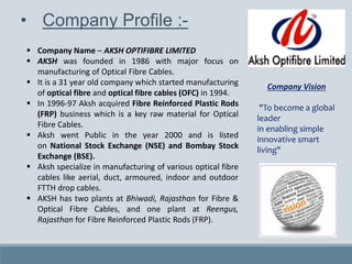 • Company Profile :-
 Company Name – AKSH OPTIFIBRE LIMITED
 AKSH was founded in 1986 with major focus on
manufacturing of Optical Fibre Cables.
 It is a 31 year old company which started manufacturing
of optical fibre and optical fibre cables (OFC) in 1994.
 In 1996-97 Aksh acquired Fibre Reinforced Plastic Rods
(FRP) business which is a key raw material for Optical
Fibre Cables.
 Aksh went Public in the year 2000 and is listed
on National Stock Exchange (NSE) and Bombay Stock
Exchange (BSE).
 Aksh specialize in manufacturing of various optical fibre
cables like aerial, duct, armoured, indoor and outdoor
FTTH drop cables.
 AKSH has two plants at Bhiwadi, Rajasthan for Fibre &
Optical Fibre Cables, and one plant at Reengus,
Rajasthan for Fibre Reinforced Plastic Rods (FRP).
Company Vision
"To become a global
leader
in enabling simple
innovative smart
living"
 