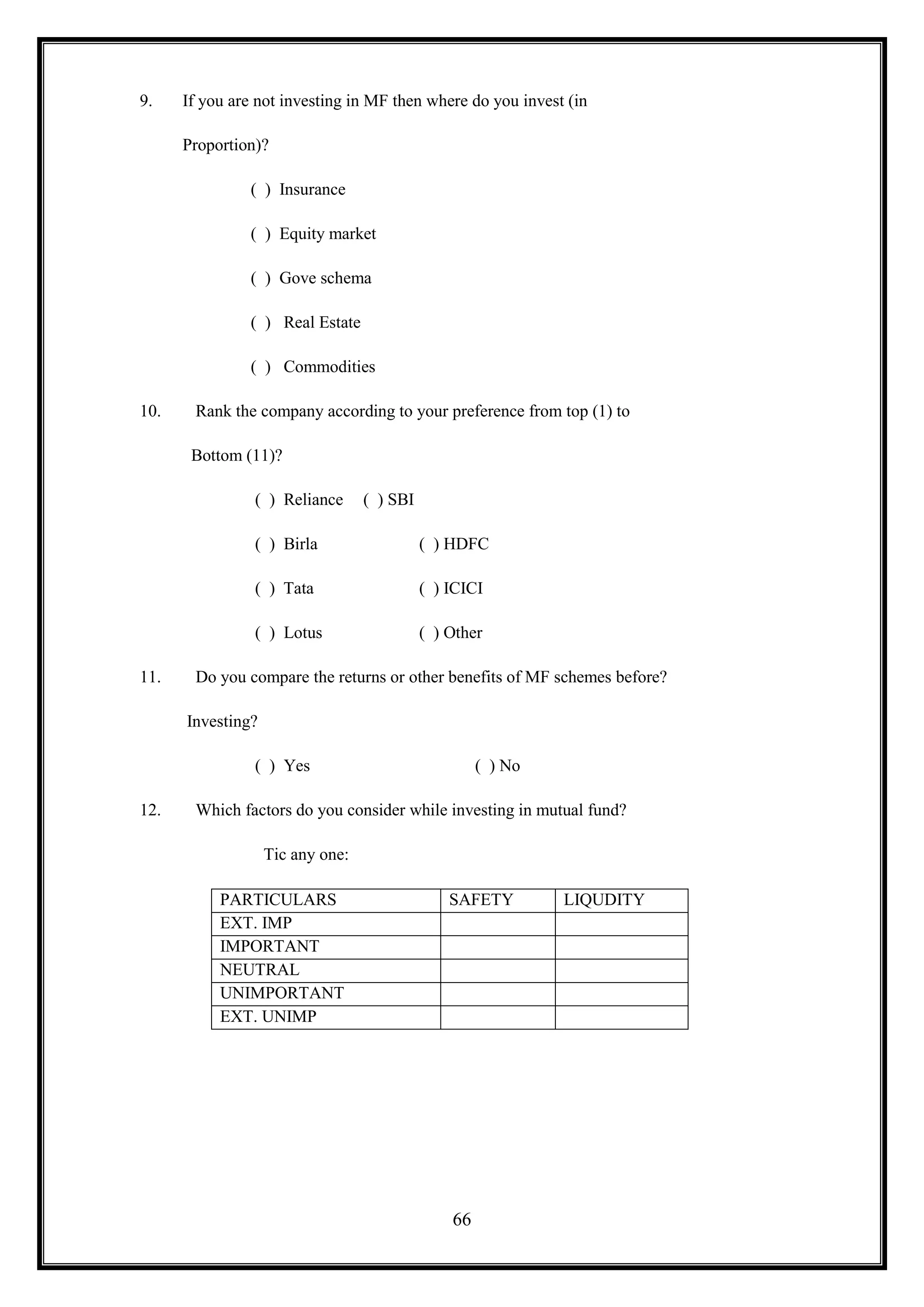 9.    If you are not investing in MF then where do you invest (in

      Proportion)?

               ( ) Insurance

               ( ) Equity market

               ( ) Gove schema

               ( ) Real Estate

               ( ) Commodities

10.    Rank the company according to your preference from top (1) to

       Bottom (11)?

                ( ) Reliance      ( ) SBI

                ( ) Birla                   ( ) HDFC

                ( ) Tata                    ( ) ICICI

                ( ) Lotus                   ( ) Other

11.    Do you compare the returns or other benefits of MF schemes before?

      Investing?

                ( ) Yes                              ( ) No

12.    Which factors do you consider while investing in mutual fund?

                   Tic any one:

           PARTICULARS                          SAFETY        LIQUDITY
           EXT. IMP
           IMPORTANT
           NEUTRAL
           UNIMPORTANT
           EXT. UNIMP




                                                66
 