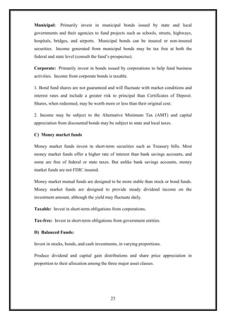 Municipal:    Primarily invest in municipal bonds issued by state and local
governments and their agencies to fund projects such as schools, streets, highways,
hospitals, bridges, and airports. Municipal bonds can be insured or non-insured
securities. Income generated from municipal bonds may be tax free at both the
federal and state level (consult the fund‟s prospectus).

Corporate: Primarily invest in bonds issued by corporations to help fund business
activities. Income from corporate bonds is taxable.

1. Bond fund shares are not guaranteed and will fluctuate with market conditions and
interest rates and include a greater risk to principal than Certificates of Deposit.
Shares, when redeemed, may be worth more or less than their original cost.

2. Income may be subject to the Alternative Minimum Tax (AMT) and capital
appreciation from discounted bonds may be subject to state and local taxes.

C) Money market funds

Money market funds invest in short-term securities such as Treasury bills. Most
money market funds offer a higher rate of interest than bank savings accounts, and
some are free of federal or state taxes. But unlike bank savings accounts, money
market funds are not FDIC insured.

Money market mutual funds are designed to be more stable than stock or bond funds.
Money market funds are designed to provide steady dividend income on the
investment amount, although the yield may fluctuate daily.

Taxable: Invest in short-term obligations from corporations.

Tax-free: Invest in short-term obligations from government entities.

D) Balanced Funds:

Invest in stocks, bonds, and cash investments, in varying proportions.

Produce dividend and capital gain distributions and share price appreciation in
proportion to their allocation among the three major asset classes.




                                           23
 