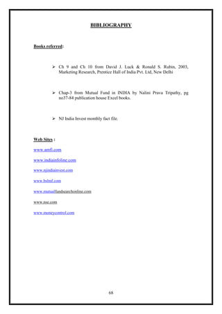 BIBLIOGRAPHY


Books referred:



          Ch 9 and Ch 10 from David J. Luck & Ronald S. Rubin, 2003,
           Marketing Research, Prentice Hall of India Pvt. Ltd, New Delhi



          Chap-3 from Mutual Fund in INDIA by Nalini Prava Tripathy, pg
           no37-84 publication house Excel books.



          NJ India Invest monthly fact file.



Web Sites :

www.amfi.com

www.indiainfoline.com

www.njindiainvest.com

www.bslmf.com

www.mutualfundsearchonline.com

www.nse.com

www.moneycontrol.com




                                       68
 