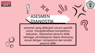 asesmen yang dilakukan secara spesifik
untuk mengidentifikasi kompetensi,
kekuatan, kelemahan peserta didik,
sehingga pembelajaran dapat dirancang
sesuai dengan kompetensi dan kondisi
peserta didik.
ASESMEN
DIANOSTIK
 