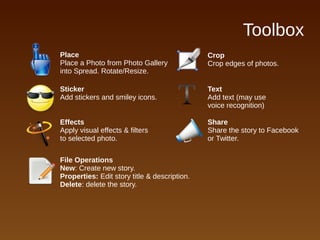Toolbox
Sticker
Add stickers and smiley icons.
Place
Place a Photo from Photo Gallery
into Spread. Rotate/Resize.
Effects
Apply visual effects & filters
to selected photo.
Share
Share the story to Facebook
or Twitter.
File Operations
New: Create new story.
Properties: Edit story title & description.
Delete: delete the story.
Text
Add text (may use
voice recognition)
Crop
Crop edges of photos.
 