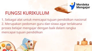 FUNGSI KURIKULUM
1. Sebagai alat untuk mencapai tujuan pendidikan nasional
2. Merupakan pedoman guru dan siswa agar terlaksana
proses belajar mengajar dengan baik dalam rangka
mencapai tujuan pendidikan
 