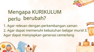 Mengapa KURIKULUM
perlu berubah?
1. Agar relevan dengan perkembangan zaman
2. Agar dapat memenuhi kebutuhan belajar murid 3.
Agar dapat menyiapkan generasi cemerlang
 