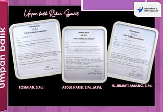 ROSMIATI, S.Pd.
HJ.JUMIATI AMANG, S.Pd.
ABDUL HARIS, S.Pd.,M.Pd.
Umpan balik Rekan Sejawat
 
