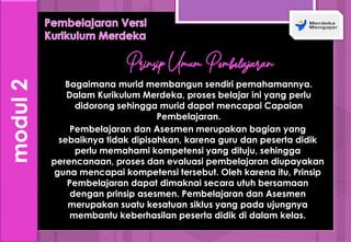 modul
2
Prinsip Umum Pembelajaran
Bagaimana murid membangun sendiri pemahamannya.
Dalam Kurikulum Merdeka, proses belajar ini yang perlu
didorong sehingga murid dapat mencapai Capaian
Pembelajaran.
Pembelajaran dan Asesmen merupakan bagian yang
sebaiknya tidak dipisahkan, karena guru dan peserta didik
perlu memahami kompetensi yang dituju, sehingga
perencanaan, proses dan evaluasi pembelajaran diupayakan
guna mencapai kompetensi tersebut. Oleh karena itu, Prinsip
Pembelajaran dapat dimaknai secara utuh bersamaan
dengan prinsip asesmen. Pembelajaran dan Asesmen
merupakan suatu kesatuan siklus yang pada ujungnya
membantu keberhasilan peserta didik di dalam kelas.
 