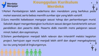 Materi Pembelajaran lebih sederhana dan mendalam yang berfokus pada
materi esensial, serta bebas memilih sumber ajar yang lebih variatif.
Guru memiliki kebebasan mengajar sesuai tahap dan perkembangan murid.
Sekolah dapat mengembangkan kurikulum sesuai dengan karakteristik satuan
pendidikan dan peserta didik. Peserta didik memilih mata pelajaran sesuai
minat, bakat, dan aspirasinya.
Sistem pembelajaran menjadi lebih relevan dan interaktif melalui kegiatan
project, bertujuan agar murid menjadi lebih aktif dan dapat mengeksplorasi
isu-isu yang terjadi di lingkungannya.
1.
2.
3.
Keunggulan Kurikulum
Keunggulan Kurikulum
Merdeka
Merdeka
 