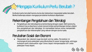 MengapaKurikulumPerluBerubah?
Kurikulumperlu berubah karena dunia dan kebutuhan masyarakat selalu berubah.
Berikut beberapa alasan mengapa perubahan kurikulumdiperlukan:
PerkembanganPengetahuandanT
eknologi
● Pengetahuan dan teknologi terus berkembang dengan cepat. Oleh karena itu,
kurikulumharus diperbarui untukmencerminkan perkembangan terbaru dalam
ilmu pengetahuan dan teknologi. Ini memastikan bahwa siswa memperoleh
pengetahuan dan keterampilan yang relevan dengan dunia nyata.
PerubahanSosial danEkonomi
● Masyarakat dan ekonomi juga berubah seiring waktu. Perubahan ini
memengaruhi jenis pekerjaan yang dibutuhkandi pasar tenaga kerja, sehingga
kurikulum perlu disesuaikan agar siswa dapat mempersiapkan diri untuk
pekerjaan masa depan.
 