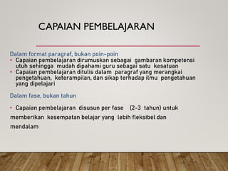CAPAIAN PEMBELAJARAN
Dalam format paragraf, bukan poin-poin
• Capaian pembelajaran dirumuskan sebagai gambaran kompetensi
utuh sehingga mudah dipahami guru sebagai satu kesatuan
• Capaian pembelajaran ditulis dalam paragraf yang merangkai
pengetahuan, keterampilan, dan sikap terhadap ilmu pengetahuan
yang dipelajari
Dalam fase, bukan tahun
• Capaian pembelajaran disusun per fase (2-3 tahun) untuk
memberikan kesempatan belajar yang lebih fleksibel dan
mendalam
 