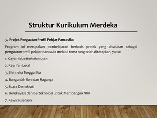 Struktur Kurikulum Merdeka
3. Projek Penguatan Profil Pelajar Pancasila:
Program ini merupakan pembelajaran berbasis projek yang ditujukan sebagai
penguatan profil pelajar pancasila melalui tema yang telah ditetapkan, yaitu:
1. Gaya Hidup Berkelanjutan
2. Kearifan Lokal
3. Bhinneka Tunggal Ika
4. Bangunlah Jiwa dan Raganya
5. Suara Demokrasi
6. Berekayasa dan Berteknologi untuk Membangun NKR
7. Kewirausahaan
 