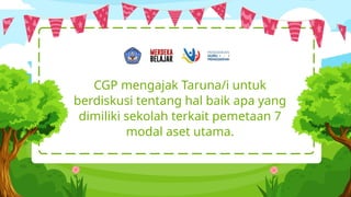 CGP mengajak Taruna/i untuk
berdiskusi tentang hal baik apa yang
dimiliki sekolah terkait pemetaan 7
modal aset utama.
 