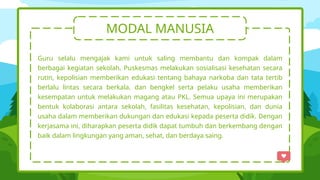 MODAL MANUSIA
Guru selalu mengajak kami untuk saling membantu dan kompak dalam
berbagai kegiatan sekolah, Puskesmas melakukan sosialisasi kesehatan secara
rutin, kepolisian memberikan edukasi tentang bahaya narkoba dan tata tertib
berlalu lintas secara berkala, dan bengkel serta pelaku usaha memberikan
kesempatan untuk melakukan magang atau PKL. Semua upaya ini merupakan
bentuk kolaborasi antara sekolah, fasilitas kesehatan, kepolisian, dan dunia
usaha dalam memberikan dukungan dan edukasi kepada peserta didik. Dengan
kerjasama ini, diharapkan peserta didik dapat tumbuh dan berkembang dengan
baik dalam lingkungan yang aman, sehat, dan berdaya saing.
 