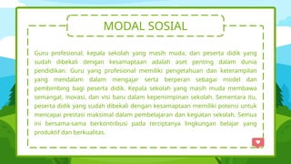 MODAL SOSIAL
Guru profesional, kepala sekolah yang masih muda, dan peserta didik yang
sudah dibekali dengan kesamaptaan adalah aset penting dalam dunia
pendidikan. Guru yang profesional memiliki pengetahuan dan keterampilan
yang mendalam dalam mengajar serta berperan sebagai model dan
pembimbing bagi peserta didik. Kepala sekolah yang masih muda membawa
semangat, inovasi, dan visi baru dalam kepemimpinan sekolah. Sementara itu,
peserta didik yang sudah dibekali dengan kesamaptaan memiliki potensi untuk
mencapai prestasi maksimal dalam pembelajaran dan kegiatan sekolah. Semua
ini bersama-sama berkontribusi pada terciptanya lingkungan belajar yang
produktif dan berkualitas.
 