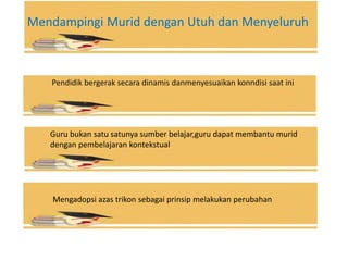 Pendidik bergerak secara dinamis danmenyesuaikan konndisi saat ini
Guru bukan satu satunya sumber belajar,guru dapat membantu murid
dengan pembelajaran kontekstual
Mengadopsi azas trikon sebagai prinsip melakukan perubahan
Mendampingi Murid dengan Utuh dan Menyeluruh
 