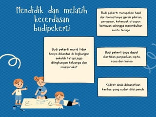 Mendidik dan melatih
kecerdasan
budipekerti
Budi pekerti merupakan hasil
dari bersatunya gerak pikiran,
perasaan, kehendak ataupun
kemauan sehingga menimbulkan
suatu tenaga
Budi pekerti murid tidak
hanya dibentuk di lingkungan
sekolah tetapi juga
dilingkungan keluarga dan
masyarakat
Budi pekerti juga dapat
diartikan perpaduan cipta,
rasa dan karsa
Kodrat anak diibaratkan
kertas yang sudah diisi penuh
 