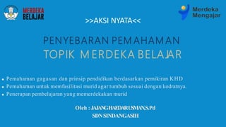 PENYEBARAN PEM AHAM AN
TOPIK M ERDEKA BELAJAR
Pemahaman gagasan dan prinsip pendidikan berdasarkan pemikiran KHD
Pemahaman untuk memfasilitasi murid agar tumbuh sesuai dengan kodratnya.
Penerapan pembelajaran yang memerdekakan murid
Oleh :JAJANGHAEDARUSMAN,S.Pd
SDNSINDANGASIH
>>AKSI NYATA<<
 