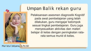 Umpan Balik rekan guru
Pelaksanaan asesmen diagnostik Kognitif
pada awal pembelajaran yang telah
dilakukan, guru mengajar kelompok
sesuai tingkat pembelajaran. Guru juga
menyesuaikan aktivitas dan materi
belajar di kelas dengan peningkatan rata-
rata semua murid di kelas.
Mar'atul Istiyana, S.Pd.SD
 