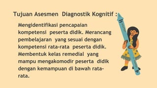 Tujuan Asesmen Diagnostik Kognitif :
Mengidentifikasi pencapaian
kompetensi peserta didik. Merancang
pembelajaran yang sesuai dengan
kompetensi rata-rata peserta didik.
Membentuk kelas remedial yang
mampu mengakomodir peserta didik
dengan kemampuan di bawah rata-
rata.
 