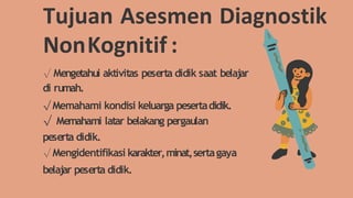 Tujuan Asesmen Diagnostik
NonKognitif :
√ Mengetahui aktivitas peserta didik saat belajar
di rumah.
√ Memahami kondisi keluarga pesertadidik.
√ Memahami latar belakang pergaulan
peserta didik.
√ Mengidentifikasi karakter,minat,sertagaya
belajar peserta didik.
 