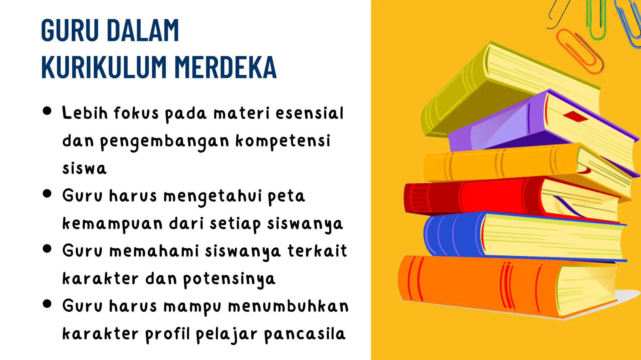 GURU DALAM
KURIKULUM MERDEKA
Lebih fokus pada materi esensial
dan pengembangan kompetensi
siswa
Guru harus mengetahui peta
kemampuan dari setiap siswanya
Guru memahami siswanya terkait
karakter dan potensinya
Guru harus mampu menumbuhkan
karakter profil pelajar pancasila
 