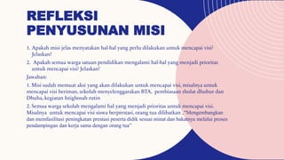 REFLEKSI
PENYUSUNAN MISI
1. Apakah misi jelas menyatakan hal-hal yang perlu dilakukan untuk mencapai visi?
Jelaskan!
2. Apakah semua warga satuan pendidikan mengalami hal-hal yang menjadi prioritas
untuk mencapai visi? Jelaskan!
Jawaban:
1. Misi sudah memuat aksi yang akan dilakukan untuk mencapai visi, misalnya untuk
mencapai visi beriman, sekolah menyelenggarakan BTA, pembiasaan sholat dhuhur dan
Dhuha, kegiatan Istighosah rutin
2. Semua warga sekolah mengalami hal yang menjadi prioritas untuk mencapai visi.
Misalnya untuk mencapai visi siswa berprestasi, orang tua dilibatkan ,“Mengembangkan
dan memfasilitasi peningkatan prestasi peserta didik sesuai minat dan bakatnya melalui proses
pendampingan dan kerja sama dengan orang tua”
 