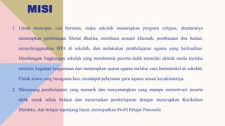 MISI
1. Untuk mencapai visi beriman, maka sekolah menerapkan program religius, diantaranya
menerapkan pembiasaan Sholat dhukha, membaca asmaul khusnah, pembacaan doa harian,
menyelenggarakan BTA di sekolah, dan melakukan pembelajaran agama yang berkualitas.
Membangun lingkungan sekolah yang membentuk peserta didik memiliki akhlak mulia melalui
rutinitas kegiatan keagamaan dan menerapkan ajaran agama melalui cara berinteraksi di sekolah.
Untuk siswa yang beragama lain, mendapat pelayanan guru agama sesuai keyakinannya.
2. Merancang pembelajaran yang menarik dan menyenangkan yang mampu memotivasi peserta
didik untuk selalu belajar dan menemukan pembelajaran dengan menerapkan Kurikulum
Merdeka, dan belajar sepanjang hayat, mewujudkan Profil Pelajar Pancasila
 