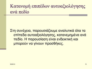 Κατανομή επιπέδων αυτοαξιολόγησης ανά πεδίο Στη συνέχεια, παρουσιάζουμε αναλυτικά όλα τα επίπεδα αυτοαξιολόγησης, κατανεμημένα ανά πεδίο. Η παρουσίαση είναι ενδεικτική και μπορούν να γίνουν προσθήκες. 