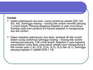 Contoh
 Dalam pelemparan dua koin, ruang contohnya adalah {GG, GA,
  AG, AA}. Sehingga masing – masing titik contoh memiliki peluang
  ¼ untuk terjadi. Peluang terjadinya kejadian A yaitu munculnya
  Gambar pada koin pertama 2/4 karena kejadian A mengandung
  dua titik contoh.

   Dalam kejadian pelemparan dua dadu, terdapat 36 titik contoh
    dalam ruung contohnya sehingga masing – masing titik contoh
    mempunyai peluang 1/36 untuk terjadi. Kejadian C yaitu kejadian
    penjumlahan mata dadu yang keluar adalah tujuh mengandung 6
    titik contoh yaitu (1,6), (2,5), (3,4), (4,3), (5,2) dan (6,1). Sehingga
    peluang kejadian C adalah 6/36 = 1/6.
 